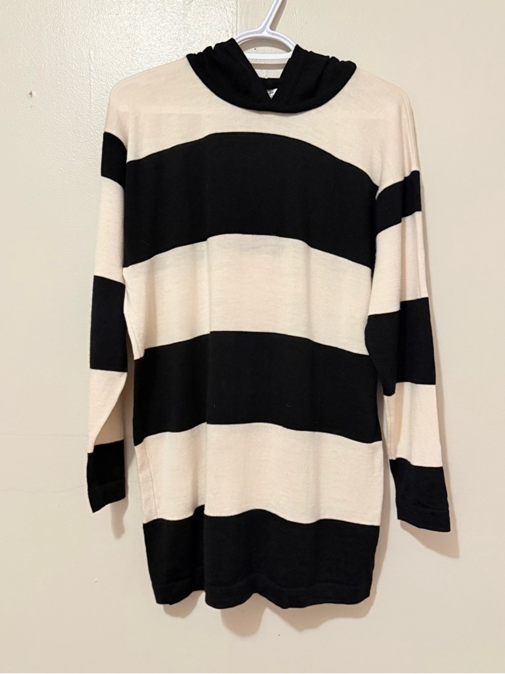 Black and White Striped Hooded Pullover Sweater